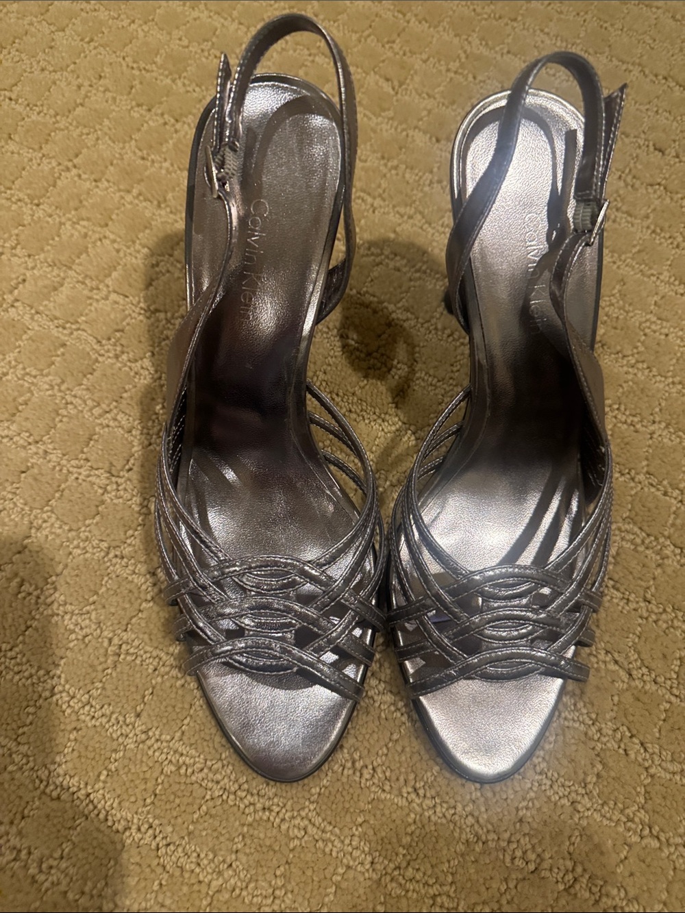 Calvin Klein Metallic Silver Strappy Slingback Heels